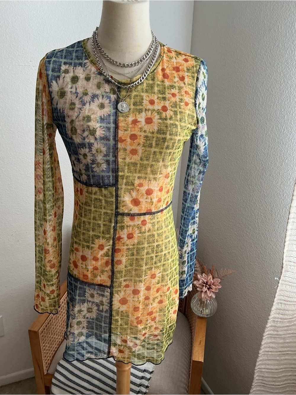 Altar'd State Boho Floral Patchwork Mesh Mini Dress - Green/Blue/Yellow - Picture 2 of 8